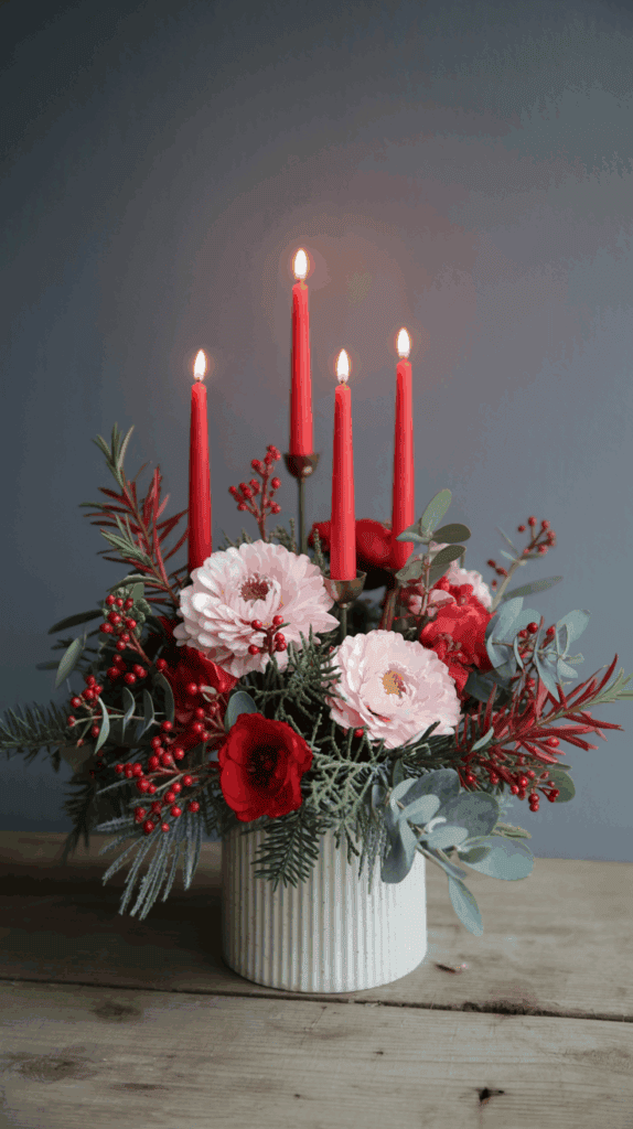 A festive floral arrangement featuring pink and red flowers, red berries, and greenery, with four lit red taper candles in a white ribbed vase on a wooden surface against a blue-gray background.