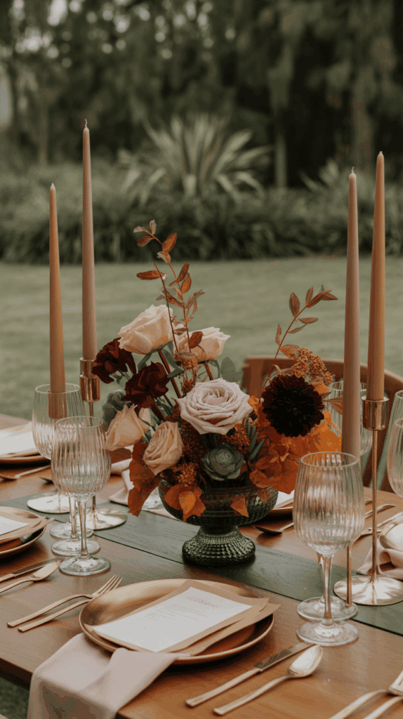 A finely set outdoor dining table featuring elegant glassware, gold cutlery, and gold plates with menus. A centerpiece with roses and other colorful flowers is surrounded by tall, thin candles in the middle of the table.