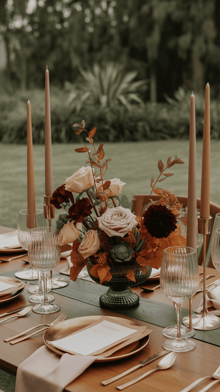 A finely set outdoor dining table featuring elegant glassware, gold cutlery, and gold plates with menus. A centerpiece with roses and other colorful flowers is surrounded by tall, thin candles in the middle of the table.