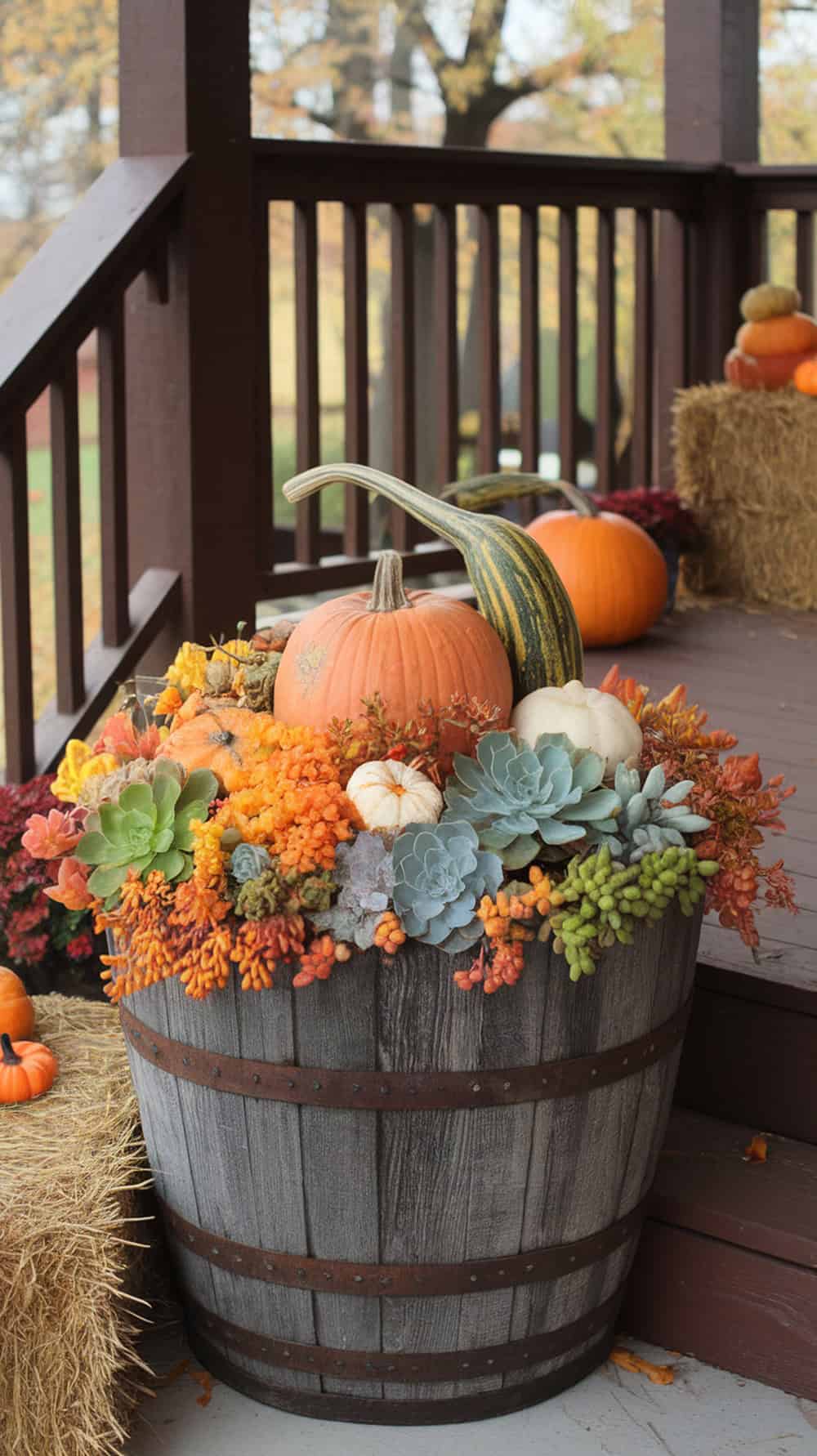 A wooden barrel on a porch filled with a fall-themed arrangement of pumpkins, succulents, and colorful autumn foliage.