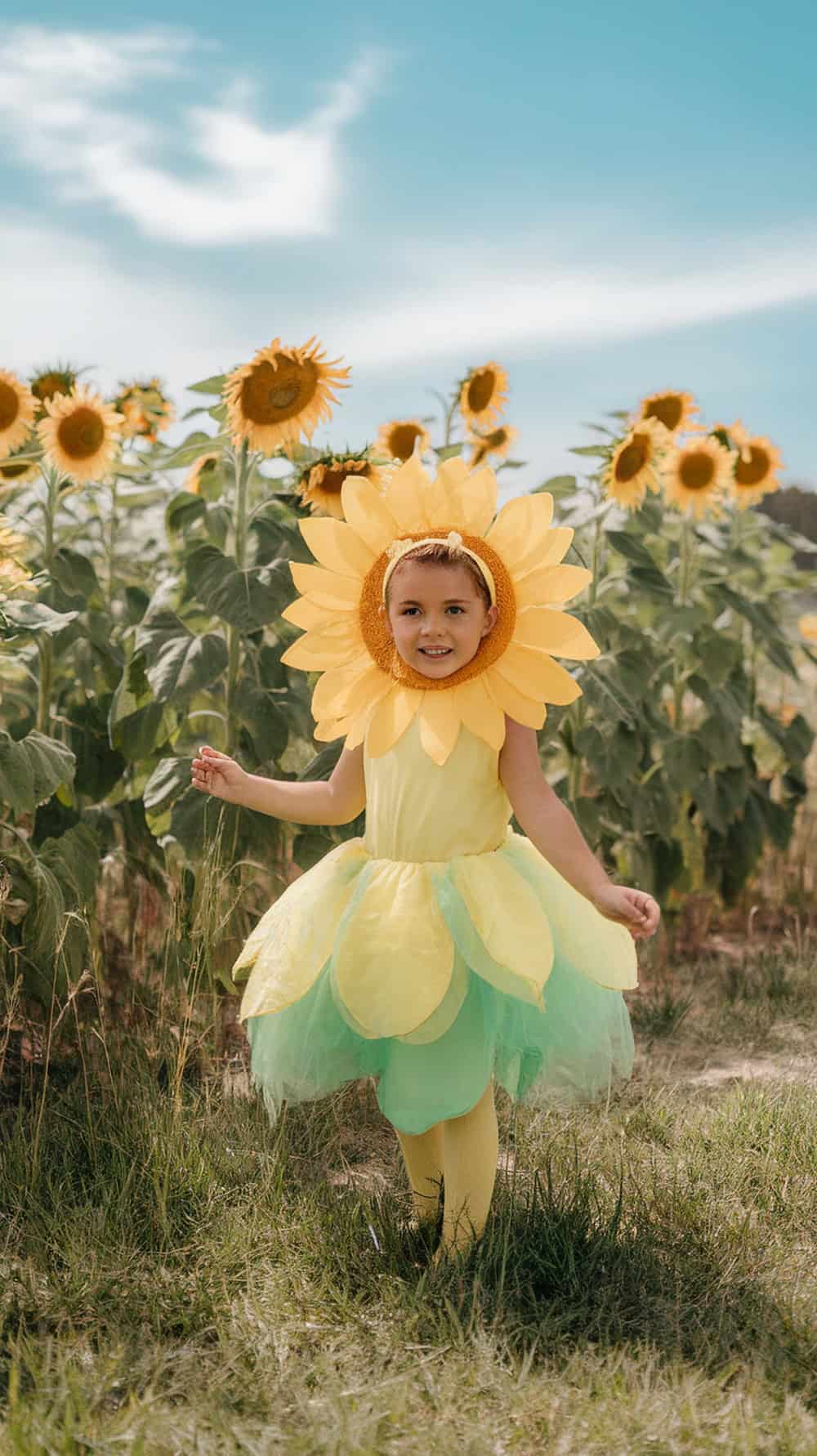 A child dressed in a sunflower costume stands smiling in a field of sunflowers under a clear blue sky.
