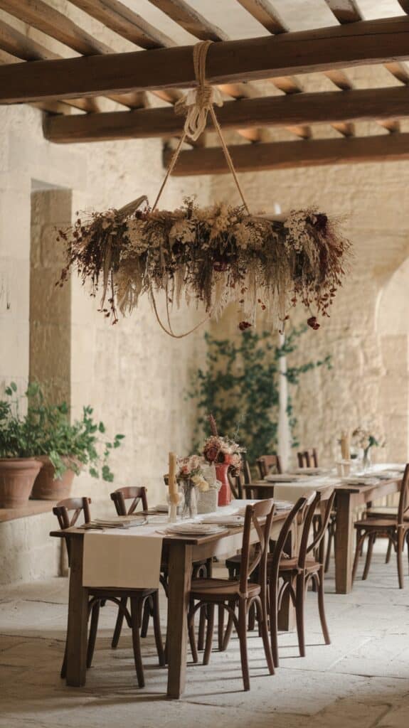 An elegantly set wooden dining table with chairs and a floral centerpiece, under a wooden pergola with a hanging arrangement of dried flowers, located in a rustic stone setting with potted plants in the background.