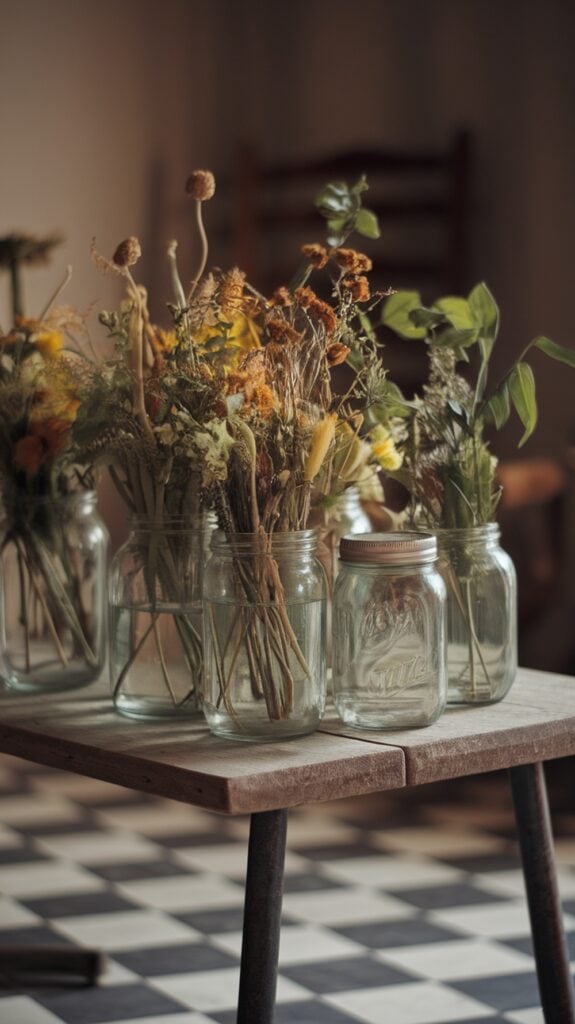 Glass jars filled with dried wildflowers and stems arranged on a wooden table, with a checkered floor visible in the background.