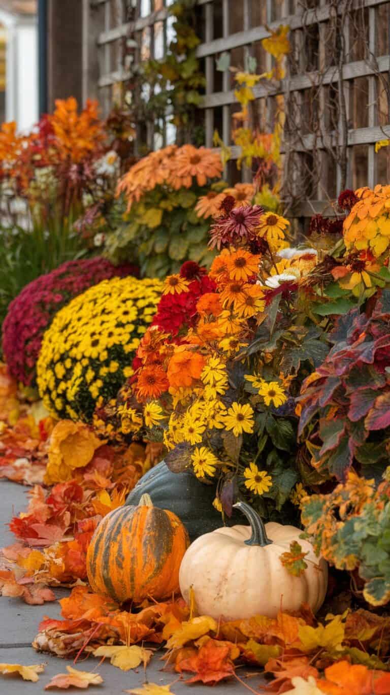 A vibrant autumn scene with colorful chrysanthemums in shades of orange, red, and yellow alongside pumpkins and fallen leaves on a stone path next to a wooden trellis.