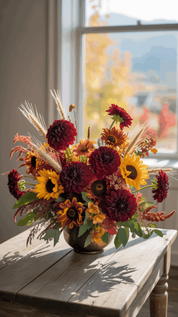 A rustic floral arrangement featuring sunflowers, deep red dahlias, and orange flowers with wheat stalks, set on a wooden table by a window with an autumn landscape view.