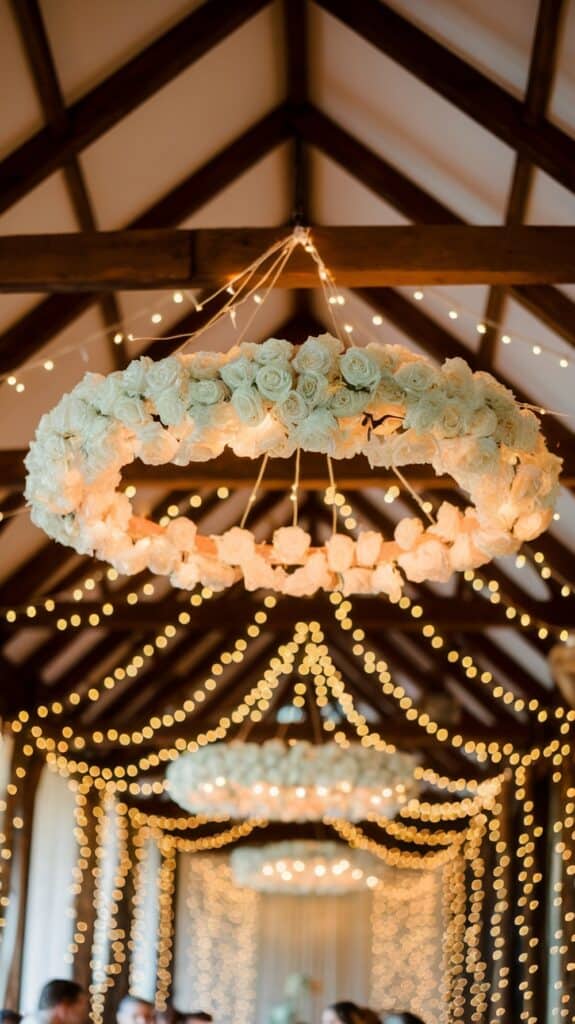 An ornate chandelier covered with white roses, suspended from a wooden ceiling with draped string lights, creating a warm and elegant ambiance.