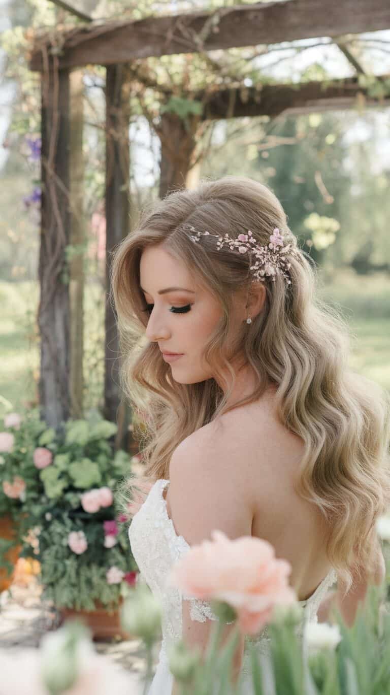 A bride with long wavy blonde hair adorned with a delicate floral hairpiece stands in an outdoor garden setting. She is wearing a white lace off-the-shoulder gown, surrounded by potted plants and flowers, with wooden trellis structures in the background.