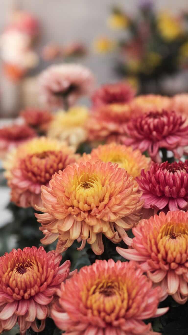 Close-up of vibrant orange and pink chrysanthemum flowers with blurred background highlighting other flowers in soft focus.
