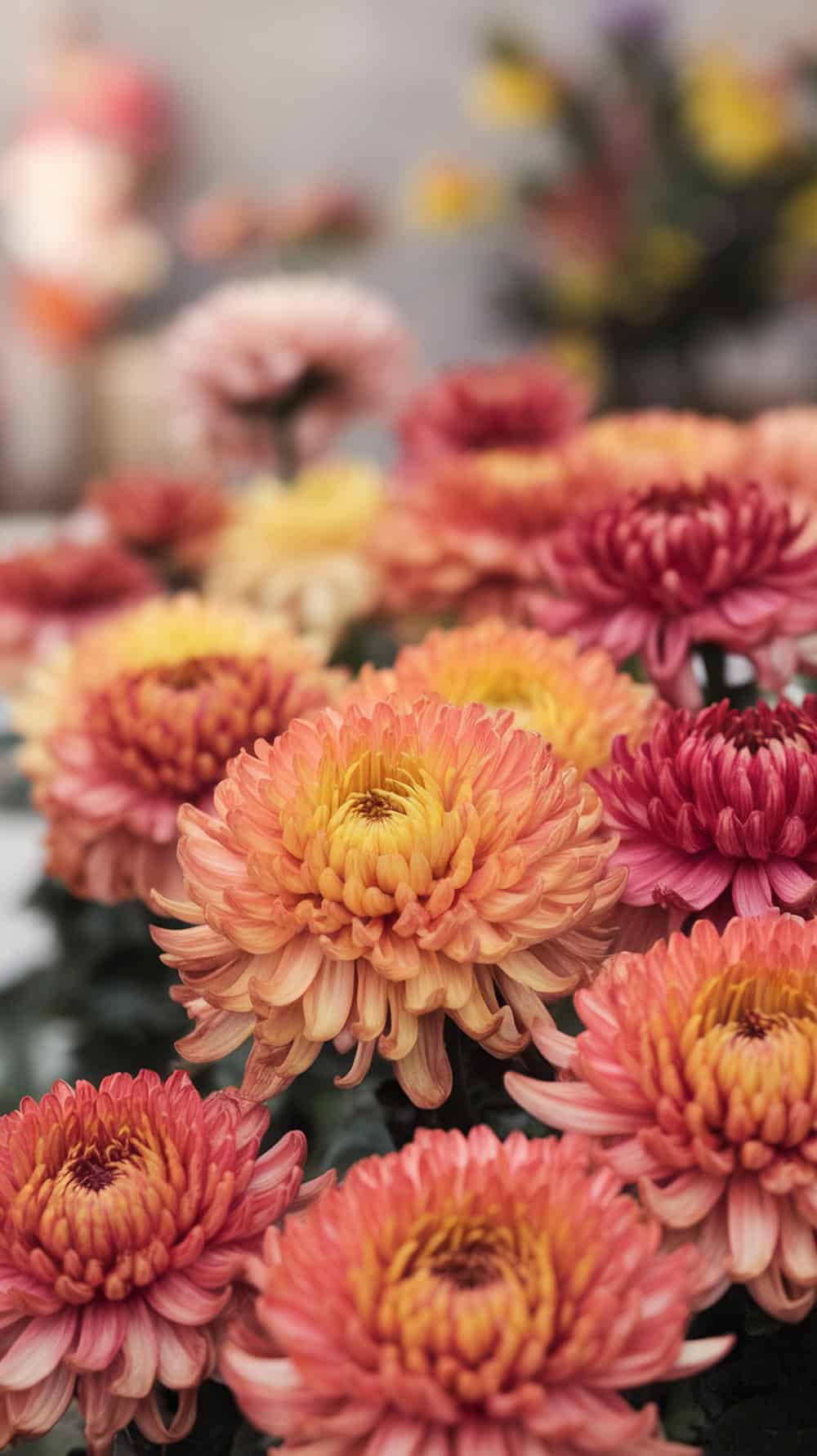 Close-up of vibrant orange and pink chrysanthemum flowers with blurred background highlighting other flowers in soft focus.