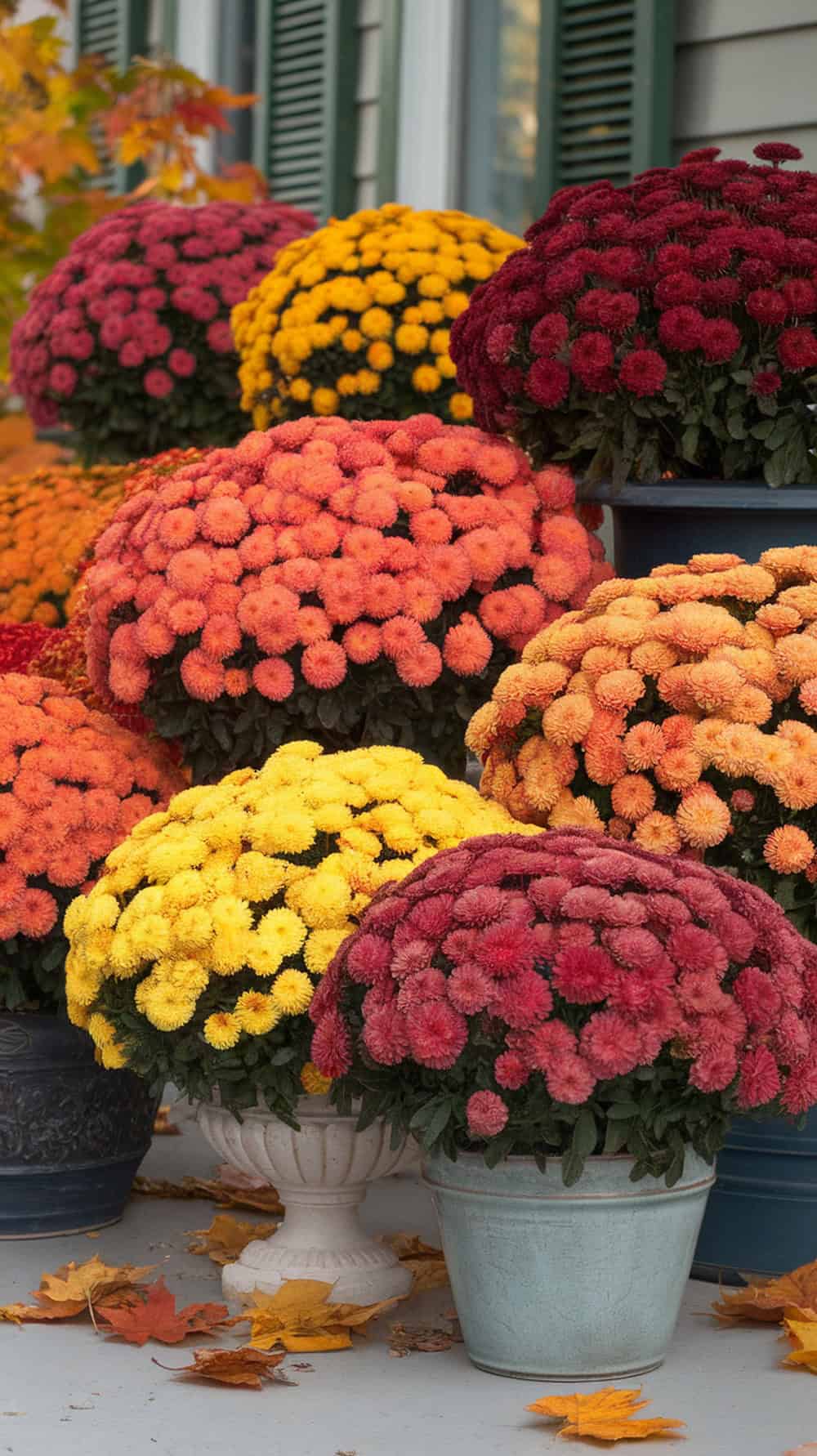 A group of potted chrysanthemums in various autumn colors, including red, orange, and yellow, displayed in front of a house with fallen leaves on the ground.
