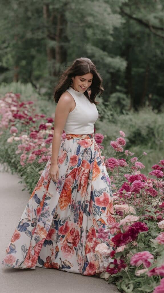 A woman in a white sleeveless top and a long floral skirt walking along a path lined with vibrant pink and magenta flowers, with a lush green background.