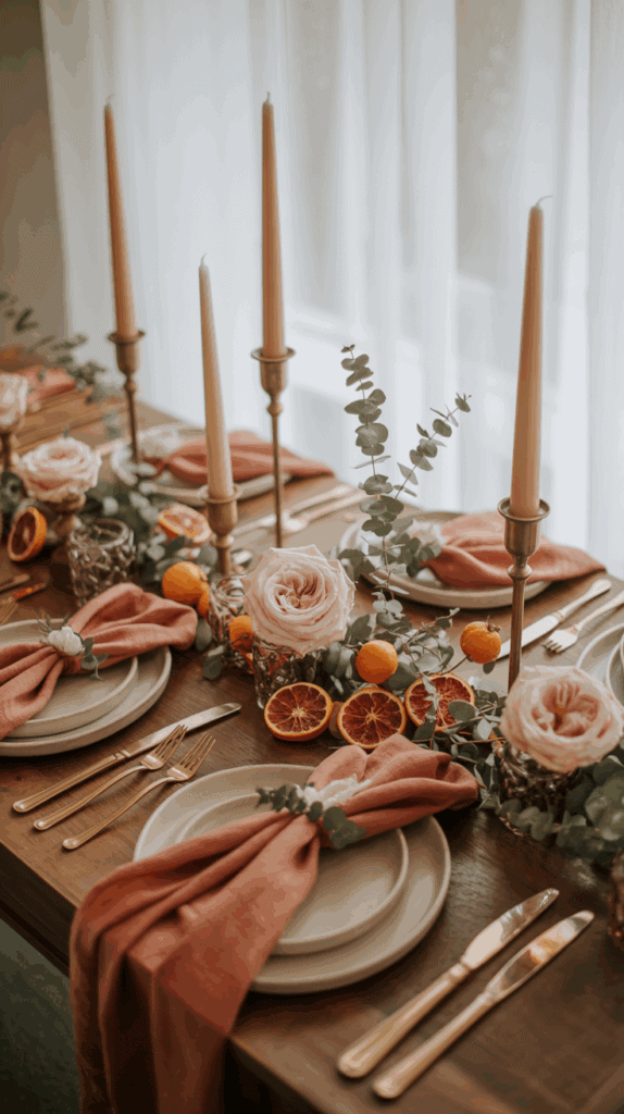 A beautifully arranged table setting with tall candlesticks, pink cloth napkins, white plates, and gold cutlery. The centerpiece includes pink roses, sliced dried oranges, and eucalyptus leaves on a wooden table.