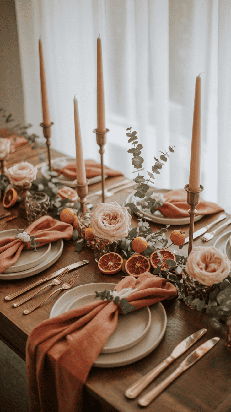 A beautifully arranged table setting with tall candlesticks, pink cloth napkins, white plates, and gold cutlery. The centerpiece includes pink roses, sliced dried oranges, and eucalyptus leaves on a wooden table.