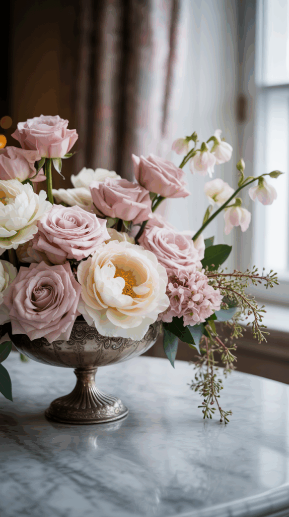 A decorative vase holds a bouquet of pastel-colored roses, peonies, and other flowers, placed on a marble table by a window.