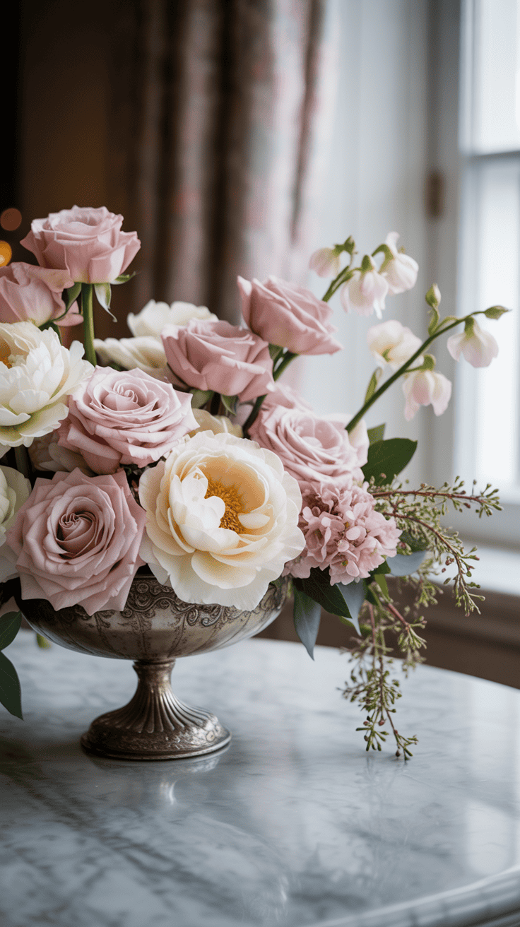 A decorative vase holds a bouquet of pastel-colored roses, peonies, and other flowers, placed on a marble table by a window.