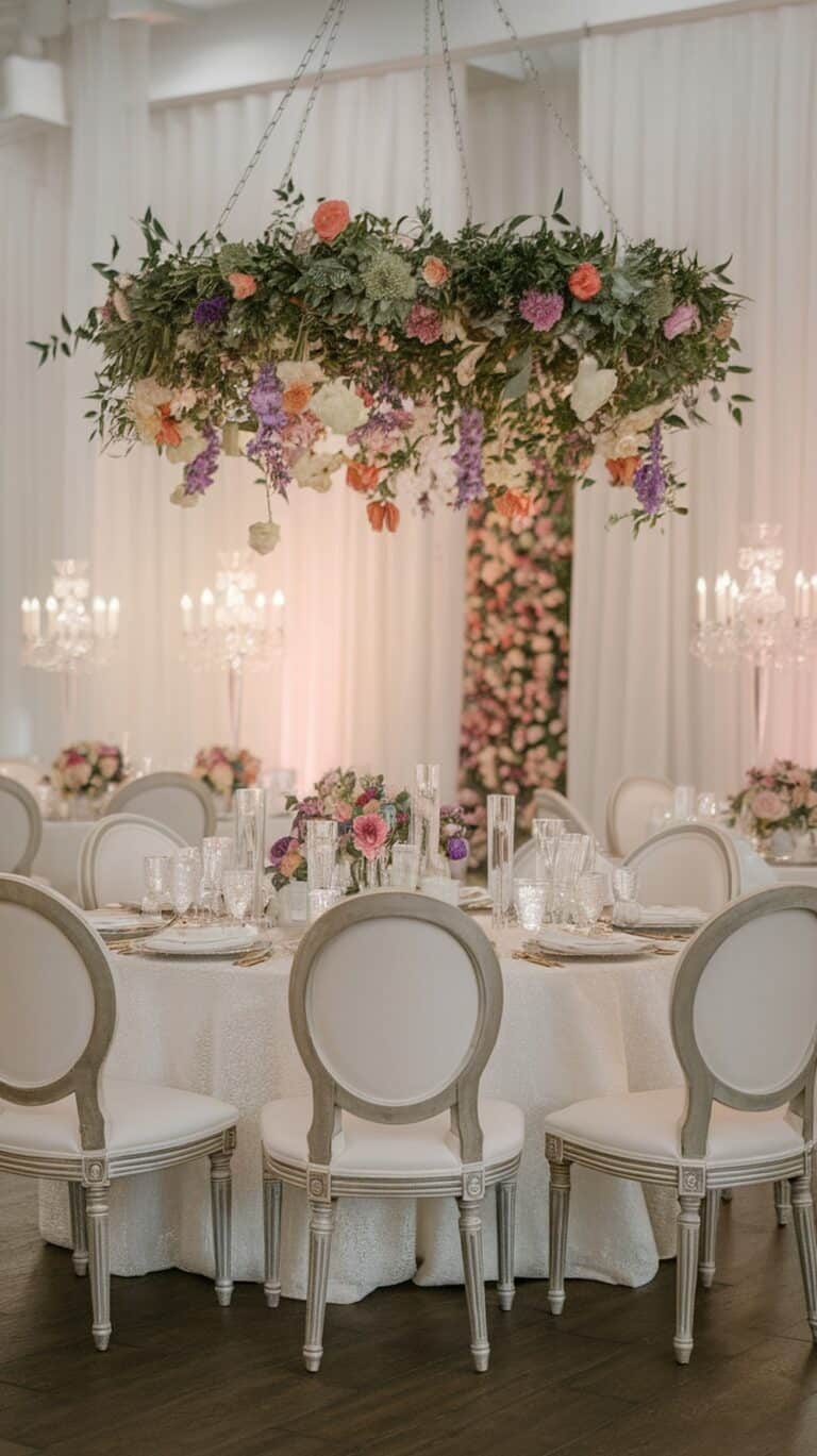 Elegant wedding reception setup with round tables covered in white tablecloths, surrounded by white chairs with gray frames, and decorated with floral centerpieces. A floral ceiling installation with various flowers, including pink, purple, and green hues, hangs above. Crystal candelabras add to the sophisticated ambiance.