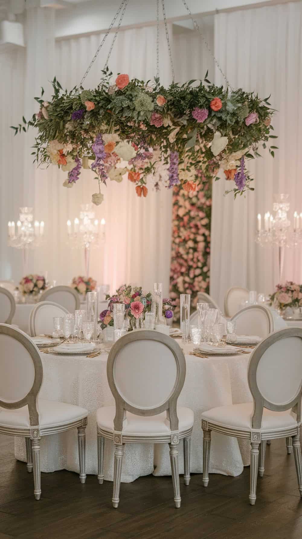 Elegant wedding reception setup with round tables covered in white tablecloths, surrounded by white chairs with gray frames, and decorated with floral centerpieces. A floral ceiling installation with various flowers, including pink, purple, and green hues, hangs above. Crystal candelabras add to the sophisticated ambiance.
