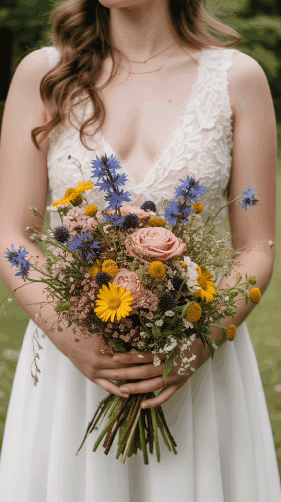 A bride in a lace wedding dress holds a colorful bouquet featuring pink roses, blue flowers, and various wildflowers, set against a blurred green background.