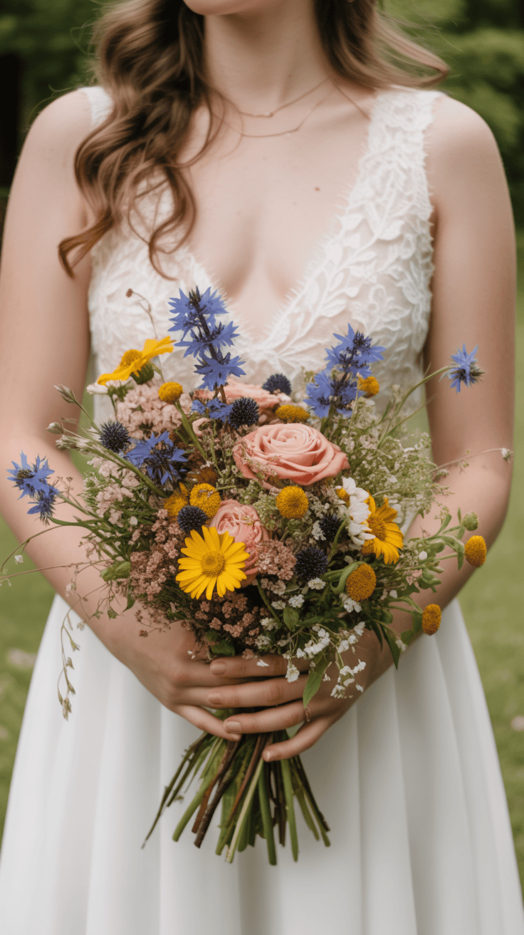 A bride in a lace wedding dress holds a colorful bouquet featuring pink roses, blue flowers, and various wildflowers, set against a blurred green background.