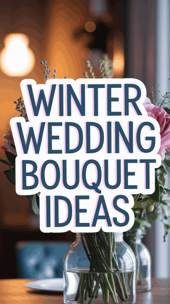 A decorative image with the text "Winter Wedding Bouquet Ideas" over a blurred background featuring flowers in vases.