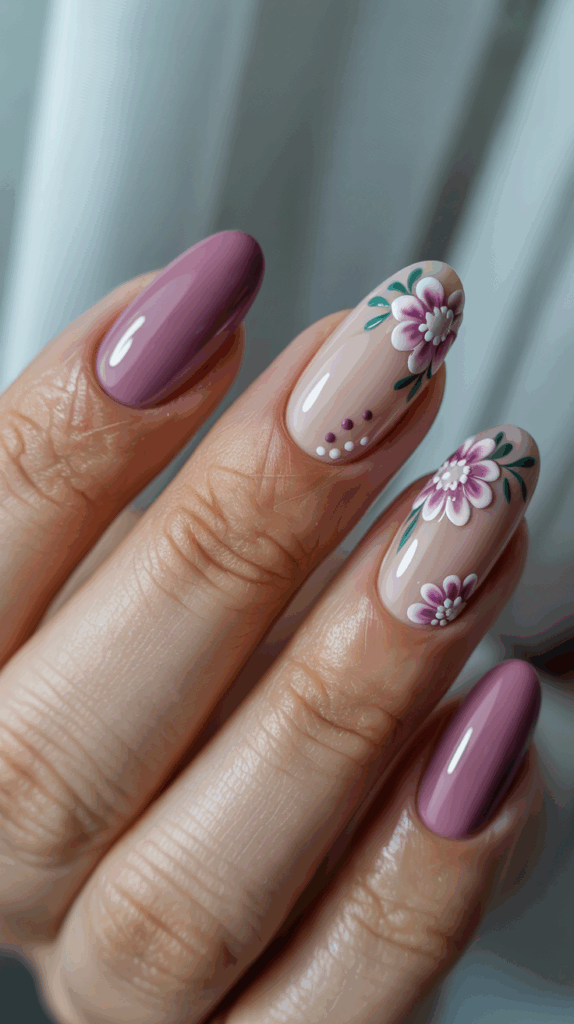 A hand with manicured nails featuring a combination of solid mauve polish and floral nail art on accent nails.