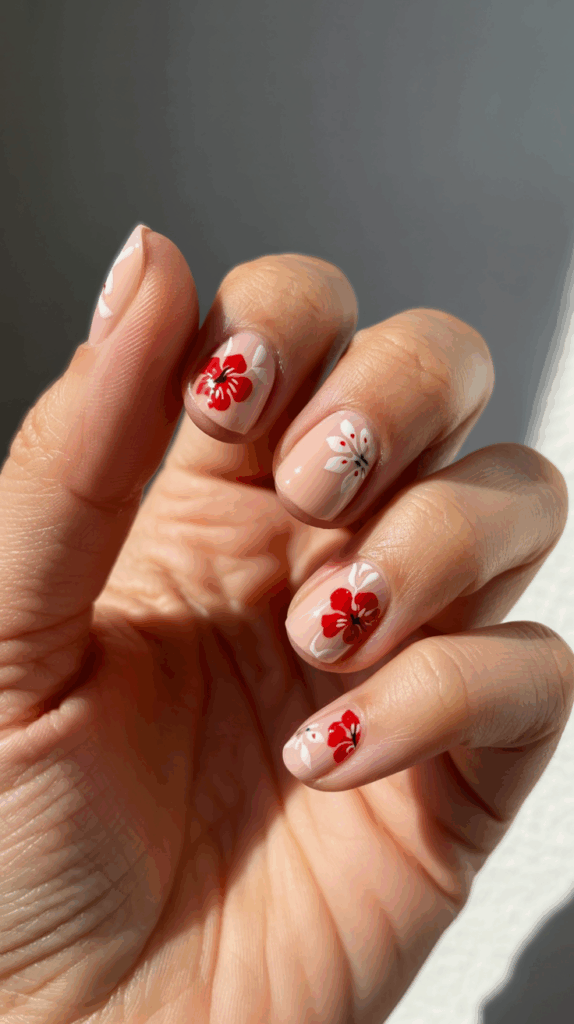 A hand with neatly manicured nails painted in a nude color, featuring intricate floral designs in red and white on top of each nail.