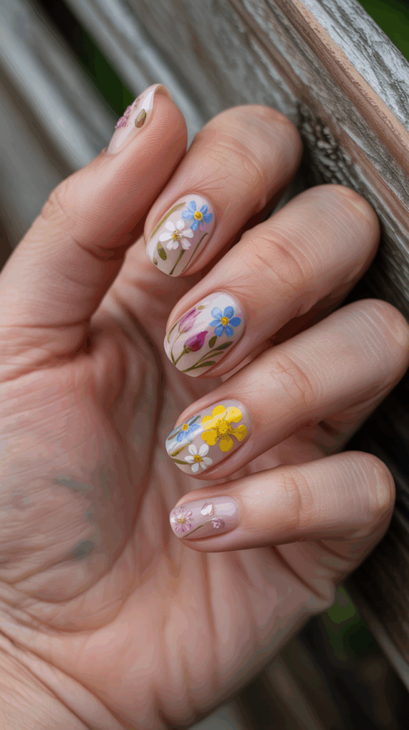 A hand with neatly manicured nails featuring intricate floral designs in pastel colors, including yellow, blue, pink, and white flowers against a natural background.
