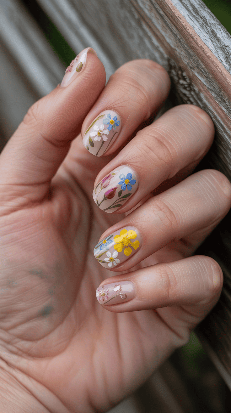 A hand with neatly manicured nails featuring intricate floral designs in pastel colors, including yellow, blue, pink, and white flowers against a natural background.