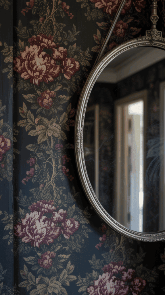 A round mirror hangs on a wall covered in dark floral patterned wallpaper predominantly featuring large burgundy flowers and green leaves.