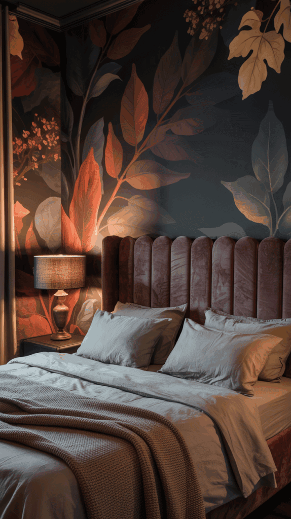A cozy bedroom with a plush velvet headboard and soft bedding, featuring a dark floral wallpaper and a warm-toned lamp on the bedside table.