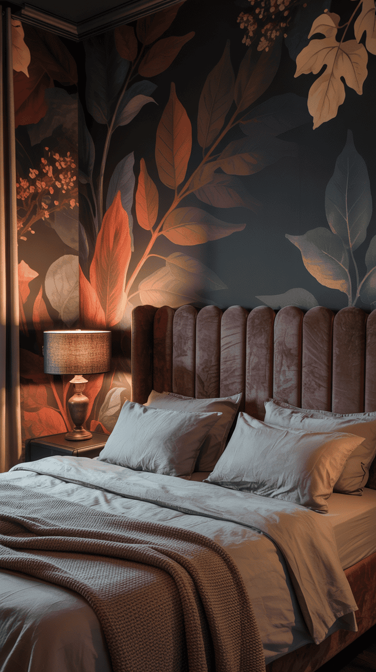 A cozy bedroom with a plush velvet headboard and soft bedding, featuring a dark floral wallpaper and a warm-toned lamp on the bedside table.