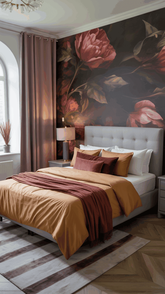 A stylish bedroom featuring a gray upholstered bed with orange and burgundy bedding, set against a bold floral wallpaper. The room includes a bedside table with a lamp, pink curtains, and a striped rug on wooden flooring.