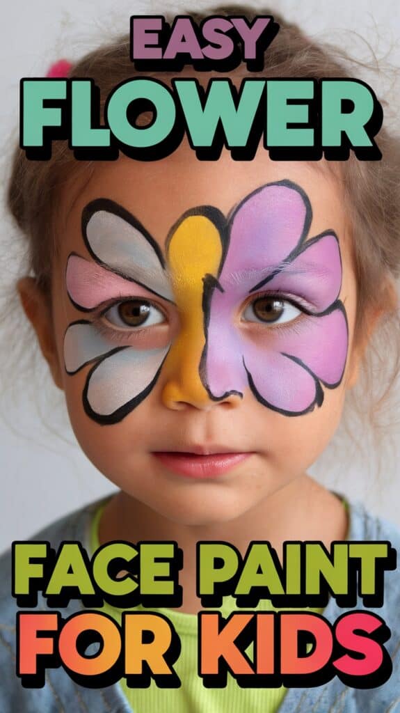 A child with a colorful flower face paint design that includes pink, yellow, and white petals outlined in black, with text saying "Easy Flower Face Paint for Kids."