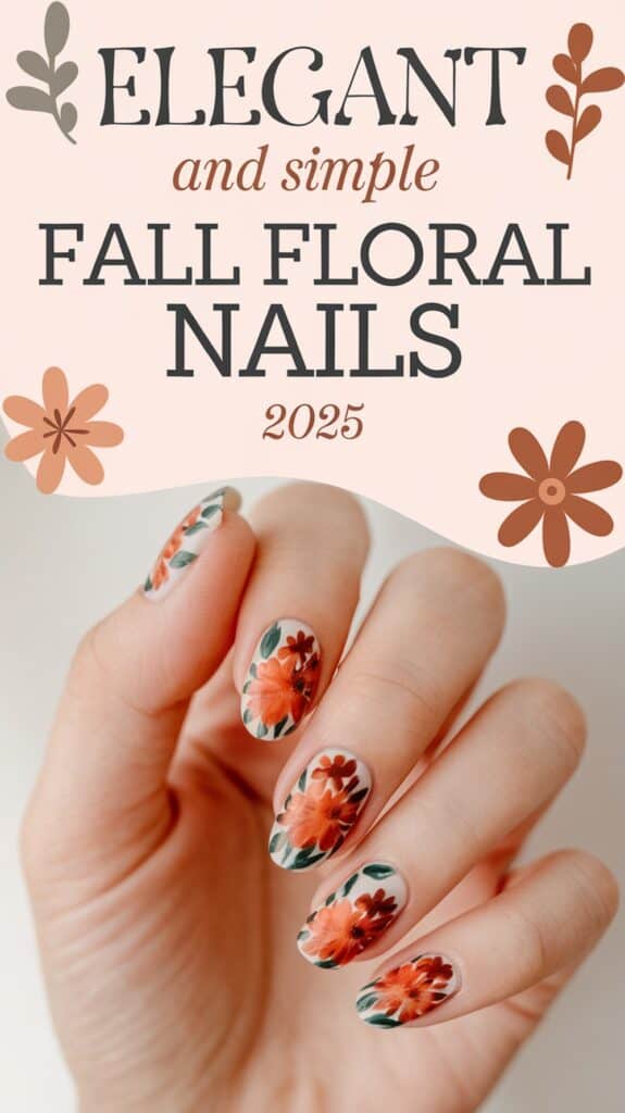 A hand with elegantly painted nails featuring orange and green floral designs, with a text overlay above reading 'Elegant and simple Fall Floral Nails 2025', surrounded by decorative flower illustrations on a pale background.