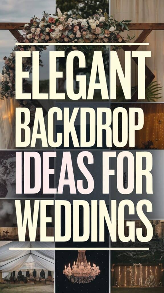A collage featuring the text 'Elegant Backdrop Ideas for Weddings' over images of floral arrangements, drapery, and chandeliers.