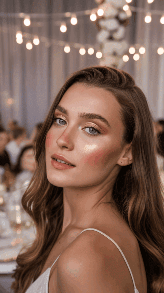 A woman with long brown hair and radiant makeup is posing elegantly at an event, with string lights and a floral arrangement in the blurred background.