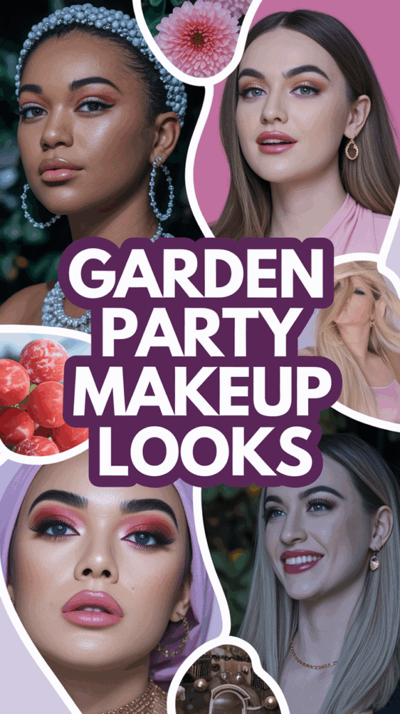 Collage showcasing diverse makeup looks under the title 'Garden Party Makeup Looks', featuring four women with different makeup styles and accessories, along with images of flowers, candies, and jewelry accessories.