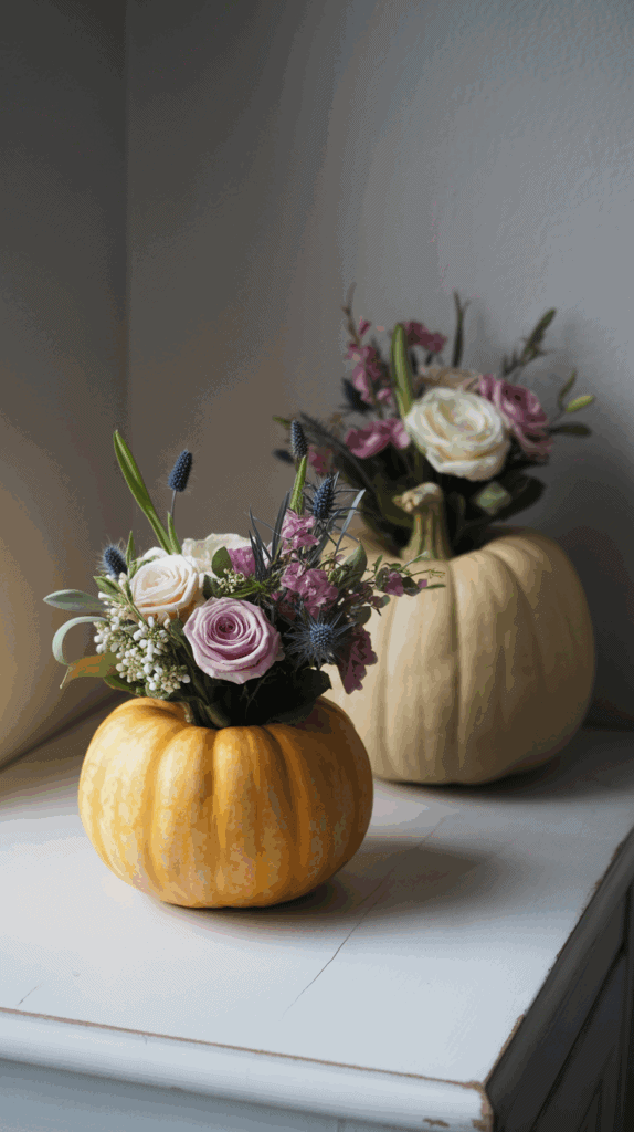 Two decorative arrangements with flowers in hollowed-out pumpkins, one yellow and one white, placed on a white surface near a wall.