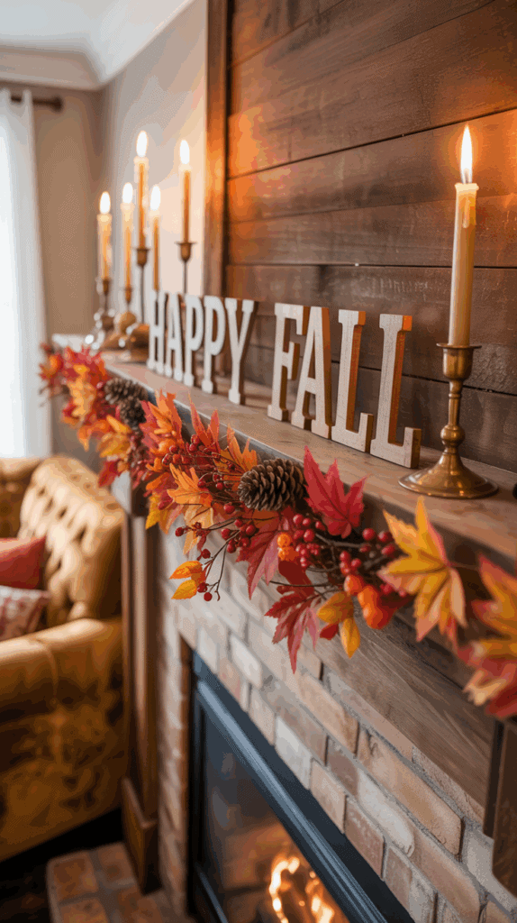 A cozy fireplace mantel decorated for fall with a "Happy Fall" sign, autumn leaves, berries, and pinecones, illuminated by candles in brass holders.