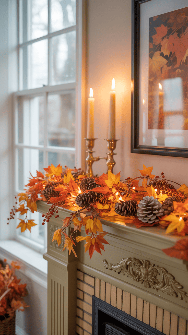 A fireplace mantle decorated with autumn-themed decor, including orange and yellow leaves, pine cones, and small lights. Two lit candles in brass holders are placed on the mantle, with a fall-themed artwork hanging above. A window with frosted glass is visible in the background.