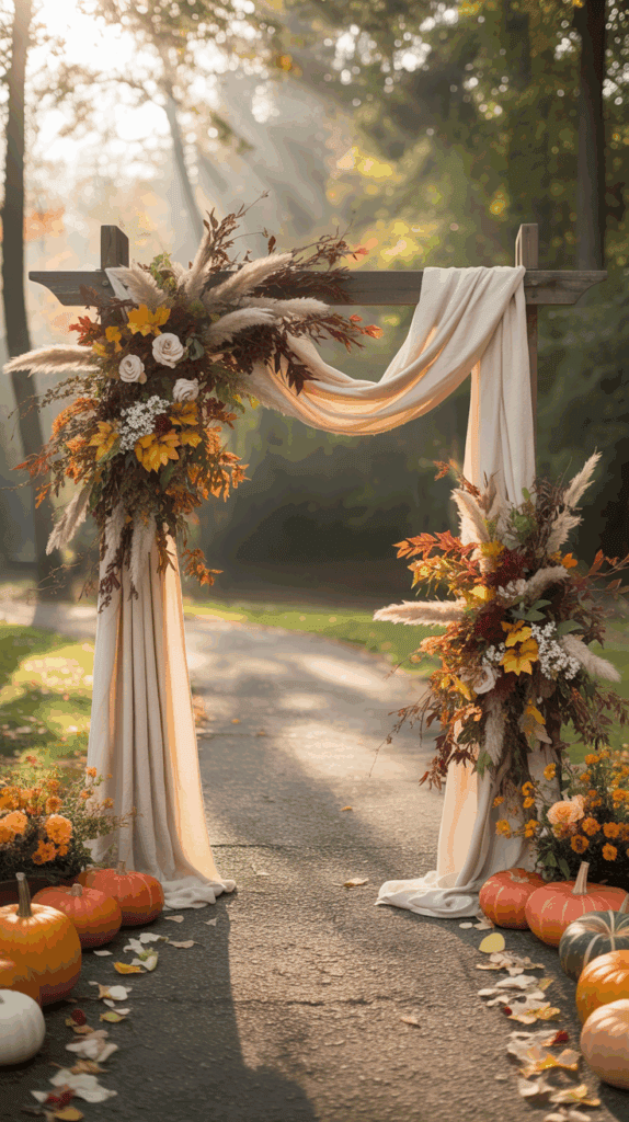 A wedding arch decorated with autumnal flowers and foliage, draped with cream fabric, surrounded by pumpkins and orange flowers on a sunlit path in a forest setting.