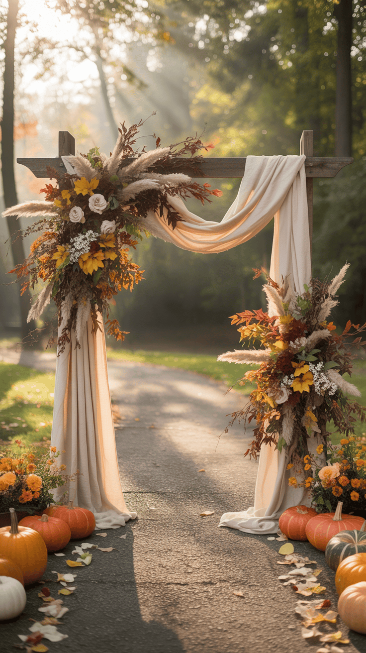 A wedding arch decorated with autumnal flowers and foliage, draped with cream fabric, surrounded by pumpkins and orange flowers on a sunlit path in a forest setting.