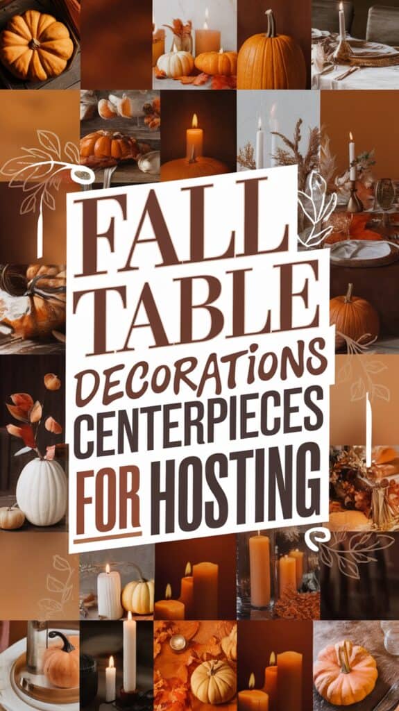 A collage featuring various fall-themed table decorations including pumpkins, candles, autumn leaves, and the text "Fall Table Decorations Centerpieces for Hosting." The image is dominated by warm orange and brown tones, with pumpkins and candles adding a cozy and festive look.