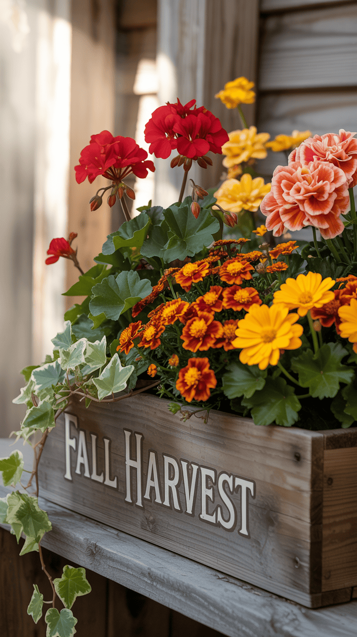 A wooden planter box labeled "Fall Harvest" filled with a variety of colorful flowers including red, orange, and yellow blooms, along with green foliage, sitting on a wooden surface.