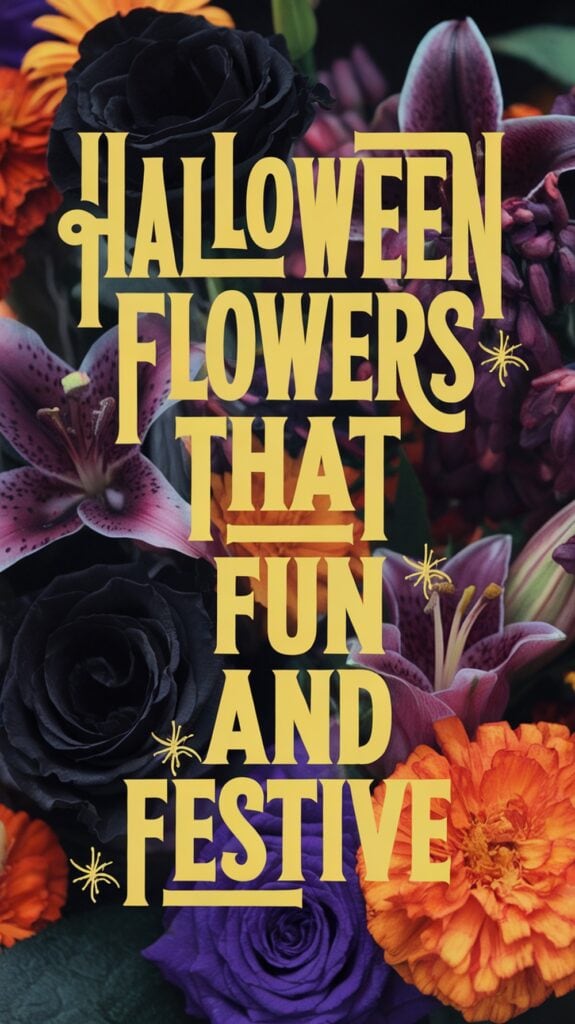 An arrangement of Halloween-themed flowers with black roses, orange marigolds, and purple lilies, overlaid with the text "Halloween Flowers That Fun and Festive" in bold yellow letters.