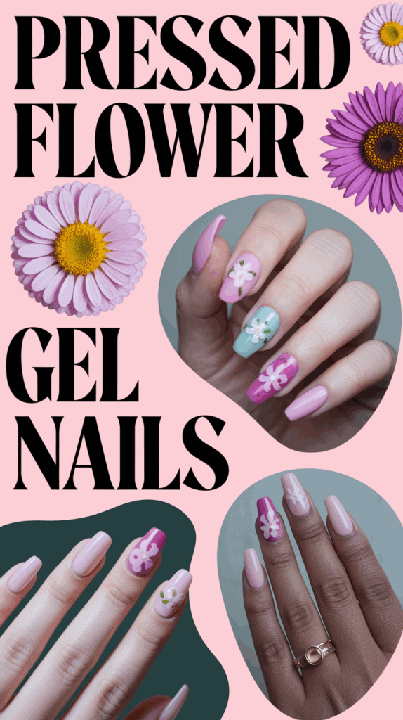 Collage featuring pressed flower gel nail designs on different hands, with pink, purple, and blue backgrounds and decorative flowers.