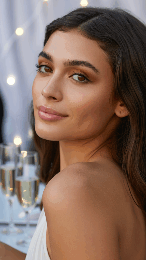 A woman with long brown hair and a subtle smile, looking over her shoulder, with blurred lights and glasses of champagne in the background.