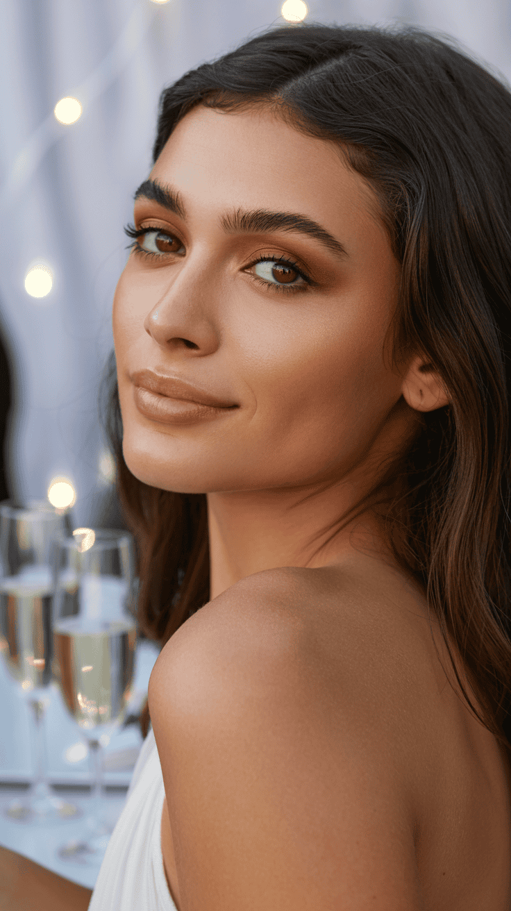 A woman with long brown hair and a subtle smile, looking over her shoulder, with blurred lights and glasses of champagne in the background.