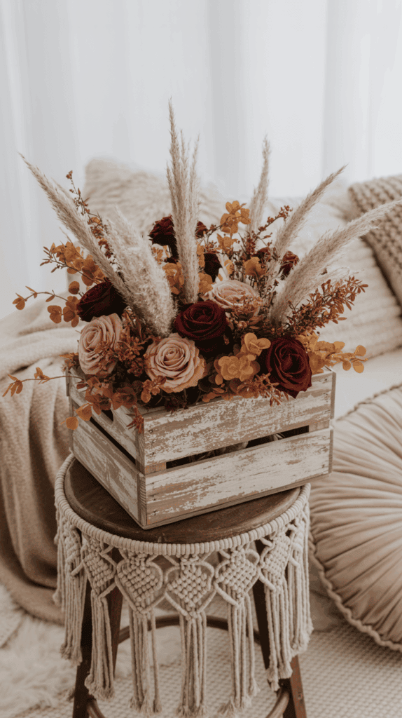 A wooden crate filled with a floral arrangement featuring red and pink roses, pampas grass, and autumn-colored leaves, placed on a small round stool with a macramé fringe, in a cozy, neutral-toned setting.