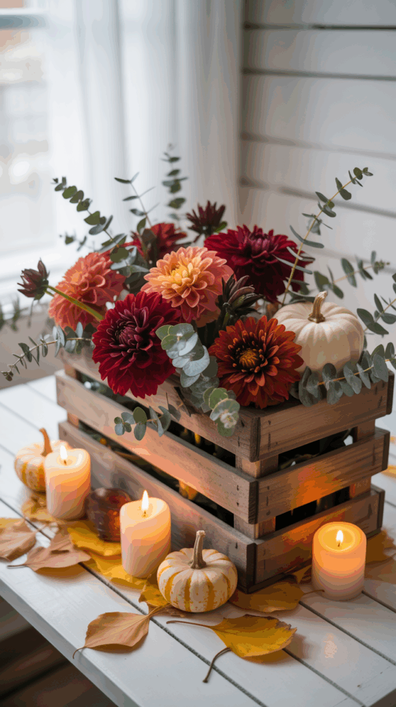 A wooden crate filled with red, orange, and yellow flowers, accompanied by eucalyptus leaves, with white and orange miniature pumpkins and lit candles arranged around it, set on a white table with autumn leaves.